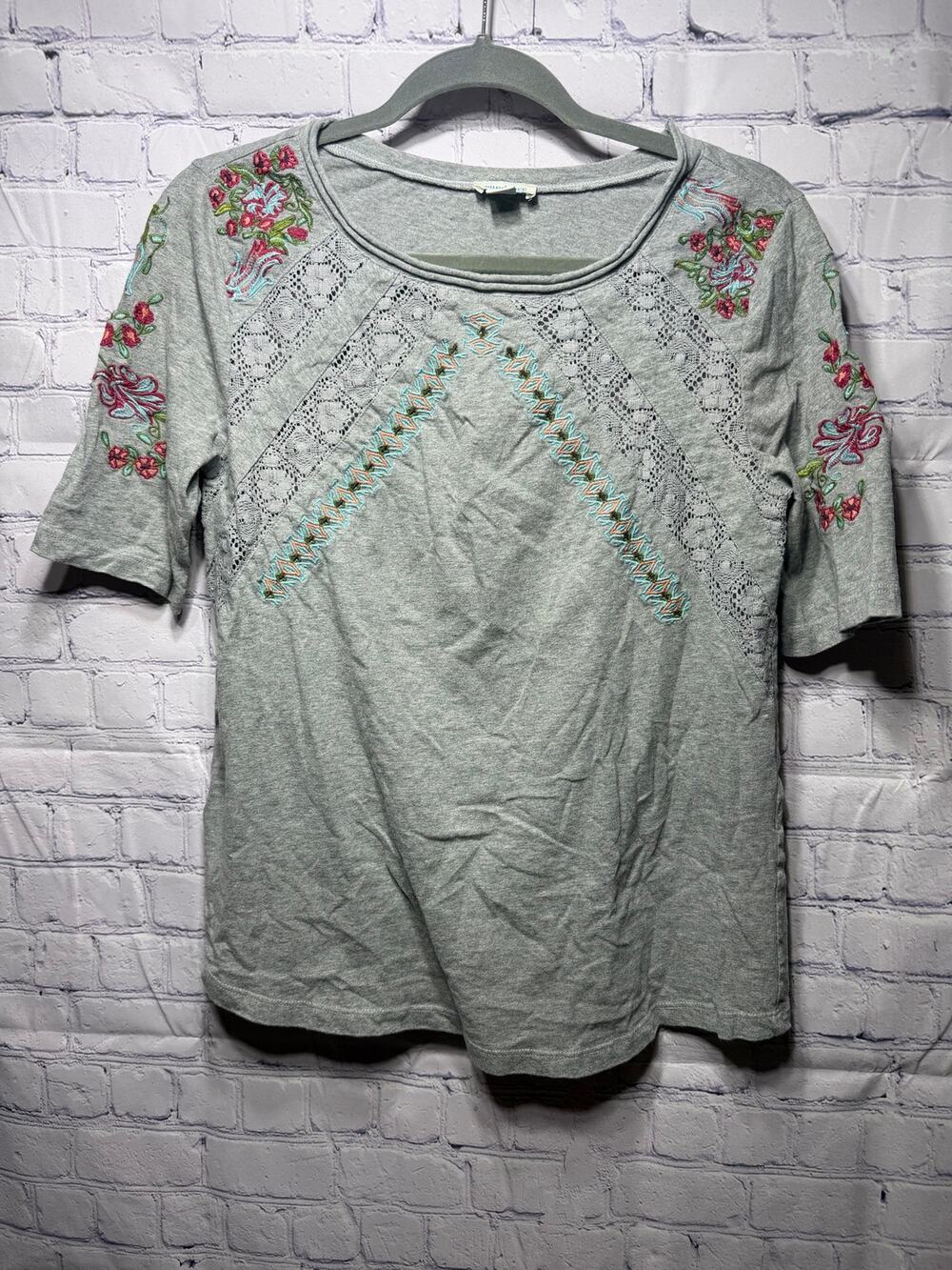 Sundance Short Sleeve Embroidered Tee Gray Sz S Cotton Boho